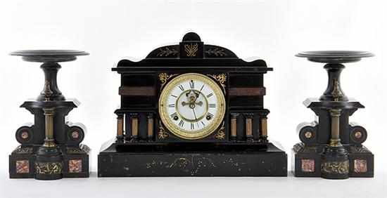 Appraisal: American marble and painted mantle clock garniture Waterbury Clock Co