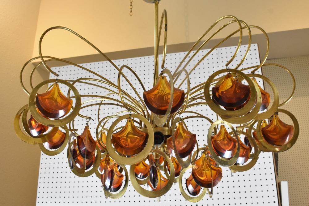 Appraisal: CONTEMPORARY BRASS GLASS SIX LIGHT CHANDELIERThe whole with curved brass