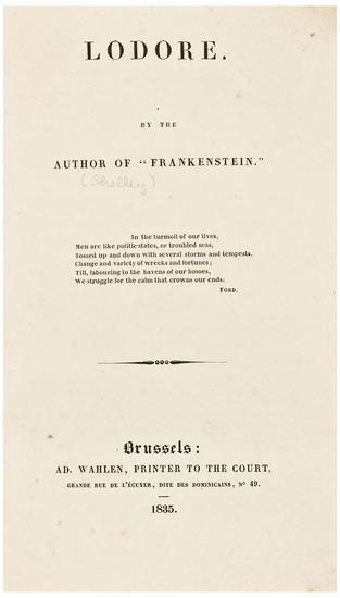 Appraisal: SHELLEY Mary Wollstonecraft Lodore Brussels A D Wahlen Printer to