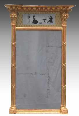 Appraisal: A Federal Gilt Wood Split-Column Eglomise Mirror Delicately proportioned mirror