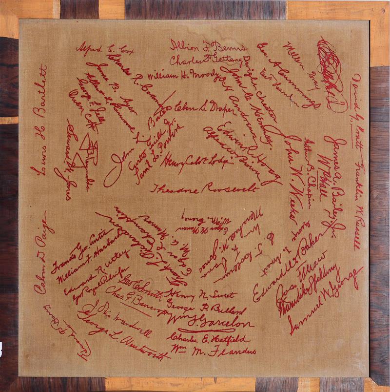 Appraisal: EMBROIDERED SIGNATURE PANEL With embroidered facsimile signatures of notables including