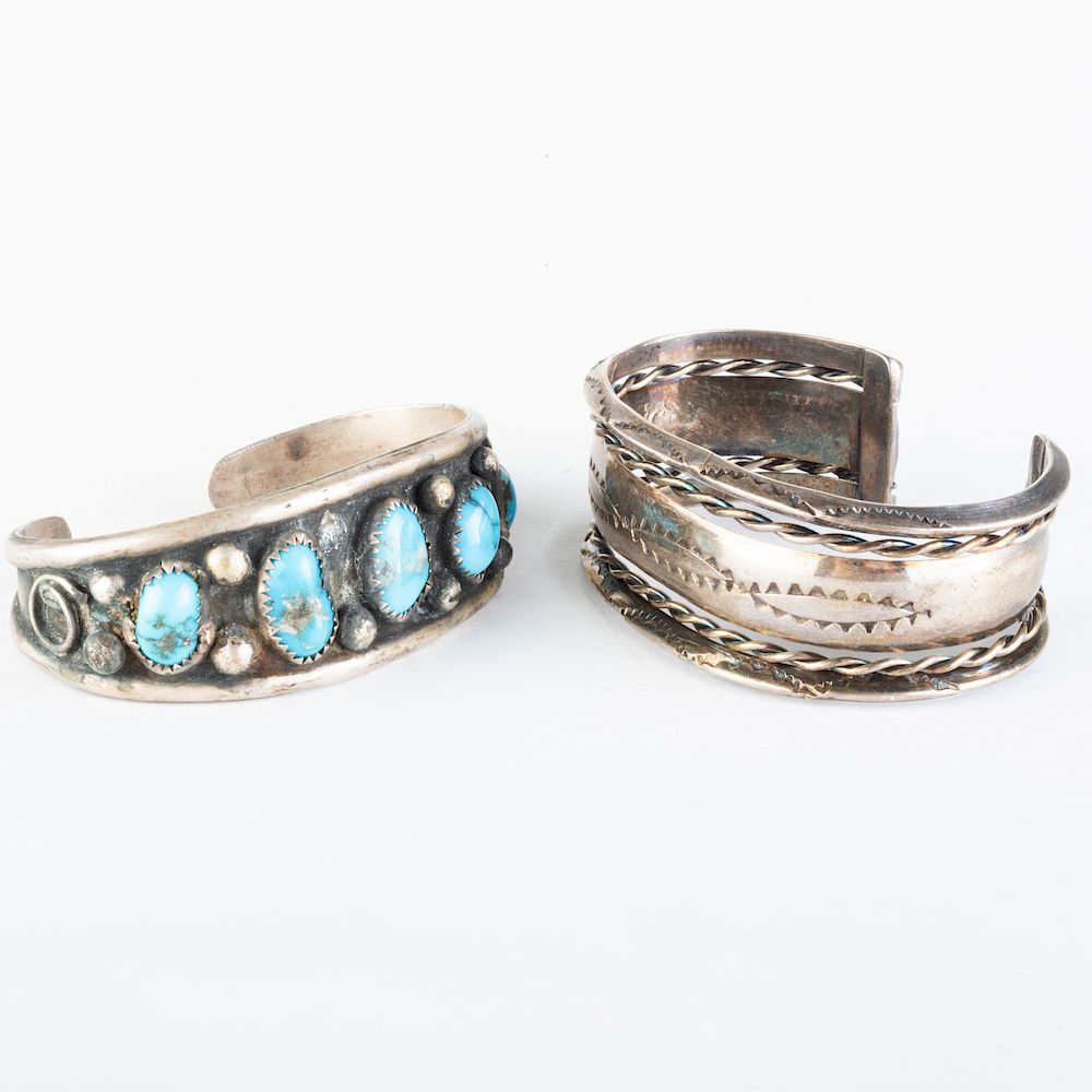 Appraisal: Two Native American Silver Cuff Bracelets One set with turquoise