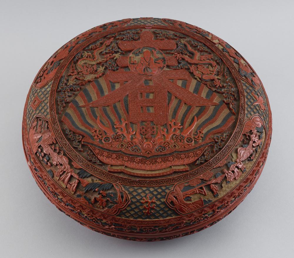 Appraisal: CHINESE RED AND BLACK CARVED CINNABAR COVERED BOX EARLY TH