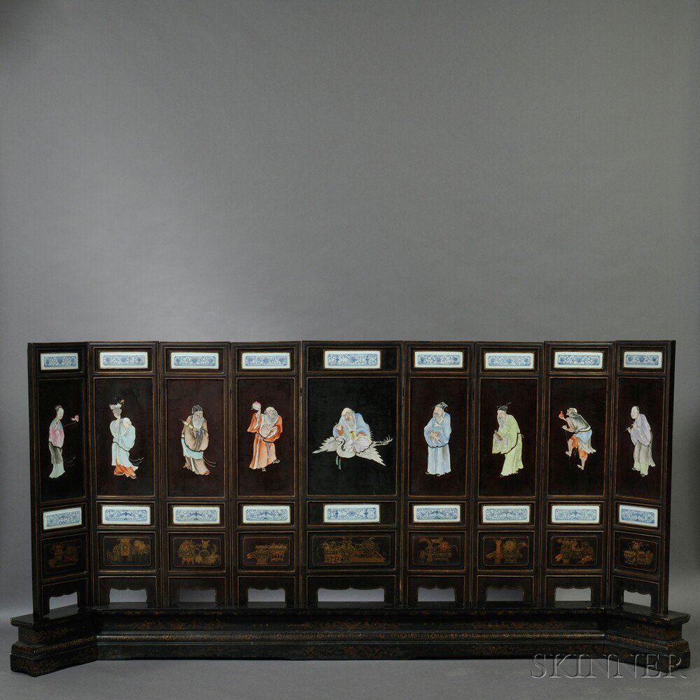 Appraisal: Nine-panel Porcelain Inlaid Lacquered Wood Screen China th century each