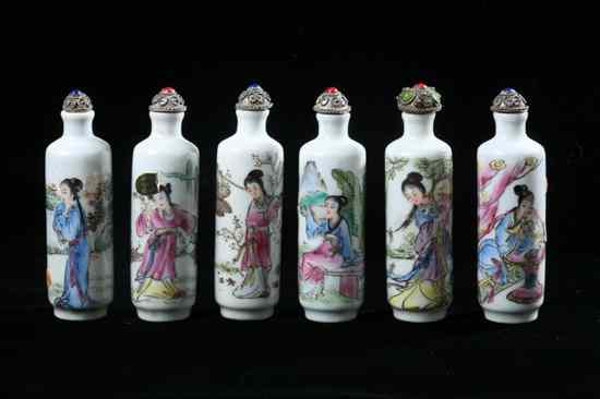 Appraisal: SIX CHINESE FAMILLE ROSE PORCELAIN ROULEAU SNUFF BOTTLES Guangxu Period