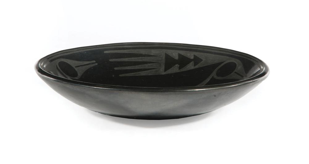 Appraisal: San Ildefonso Black Pottery Bowl c signed Marie Julian stylized