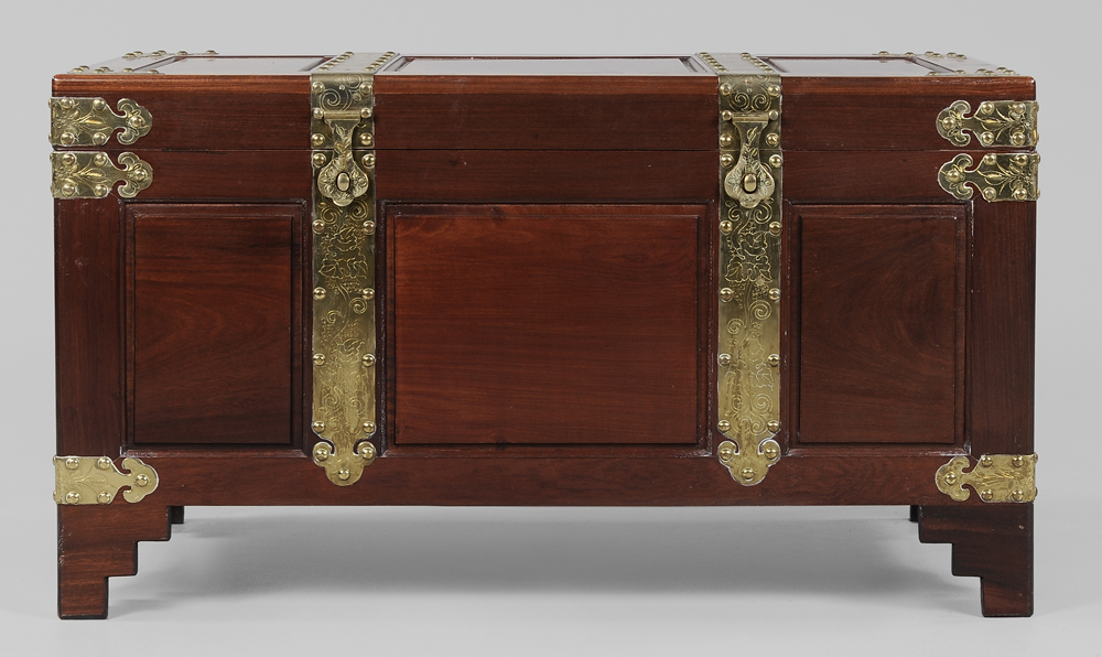 Appraisal: Brass-Mounted Hardwood Lift-Top Chest Chinese modern hinged and paneled top