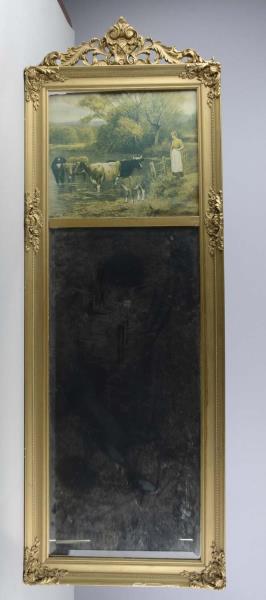 Appraisal: Trumeau Gilded Mirror With Farm Scene This rectangular wall mirror