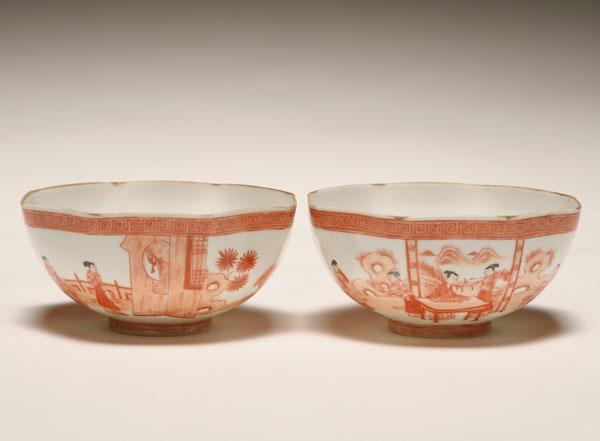 Appraisal: Pair octagonal porcelain bowls Qianlong figural scenes on the exterior