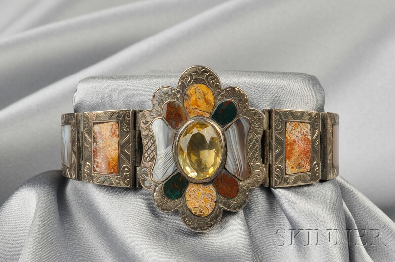 Appraisal: Antique Silver and Scottish Agate Bracelet bezel-set with a cushion-cut