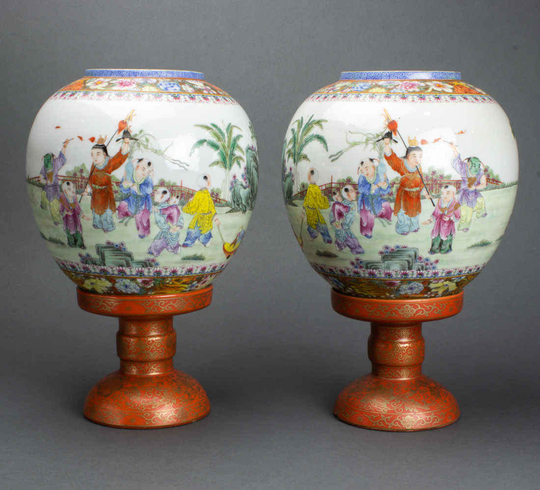 Appraisal: PAIR OF CHINESE FAMILLE ROSE LANTERN SHADES AND STANDS Pair