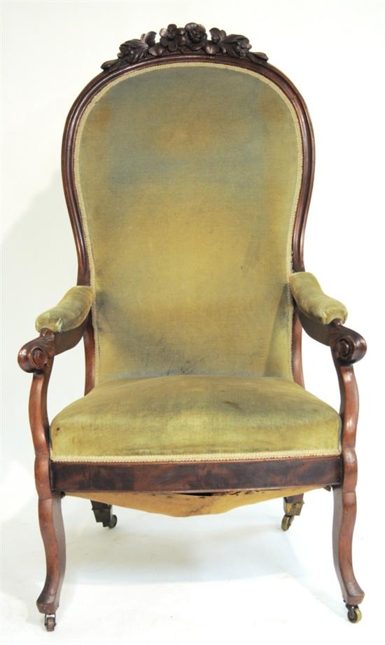 Appraisal: Mahogany Victorian gentleman's chair cabriole legs open arms faded green