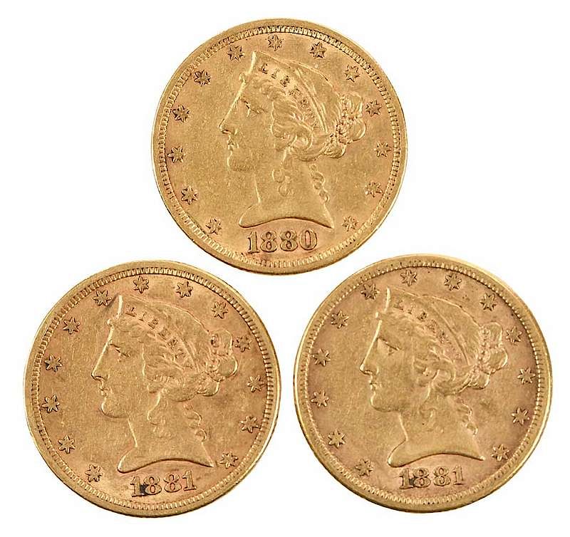 Appraisal: Three Liberty Head Gold Half Eagles x Provenance Estate of