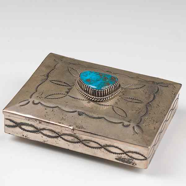 Appraisal: Navajo Silver and Turquoise Box with bold bezel and fine