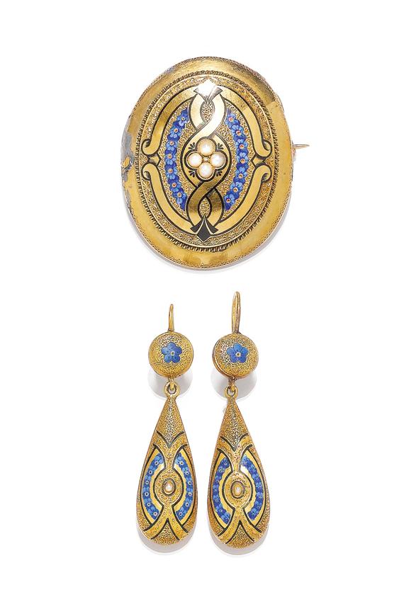 Appraisal: GOLD AND ENAMEL BROOCH AND EAR PENDANTS ca Yellow gold