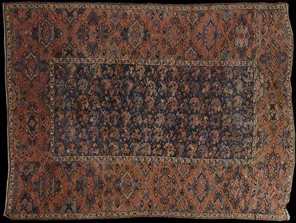 Appraisal: SOUMAK CARPET The central blue field worked with animal and