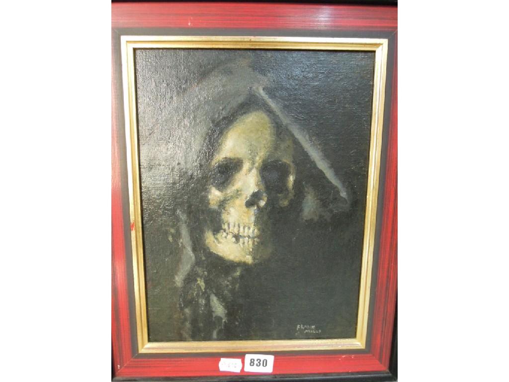 Appraisal: An oil painting on board of a hooded skull by