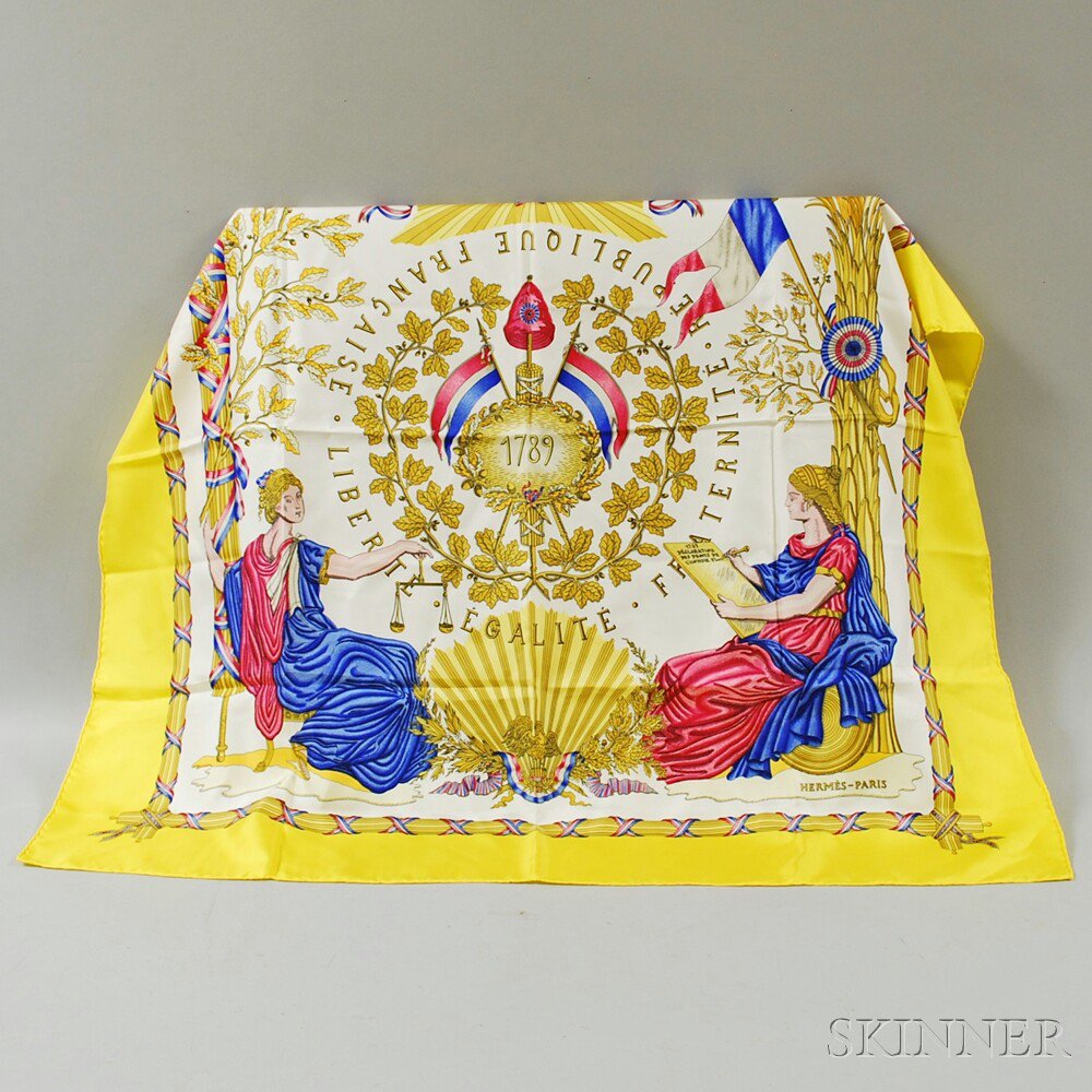 Appraisal: Hermes Republique Francaise Liberte Egalite Fraternite Yellow Silk Scarf Joachim