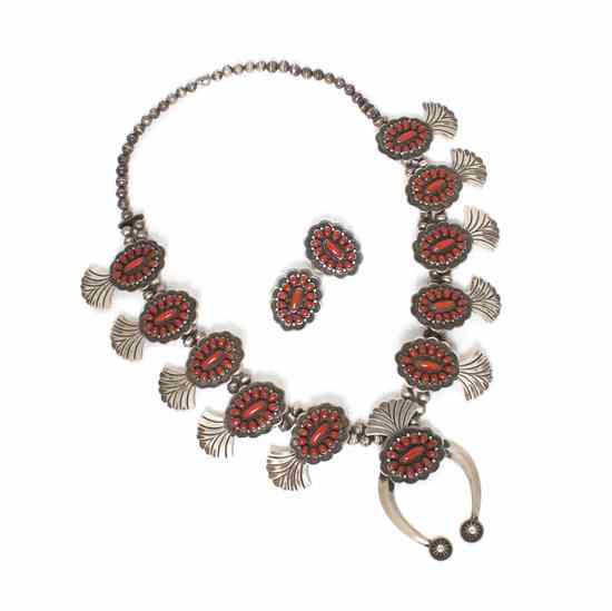 Appraisal: A Navajo Sterling Silver and Coral Squash Blossom Necklace Ernest