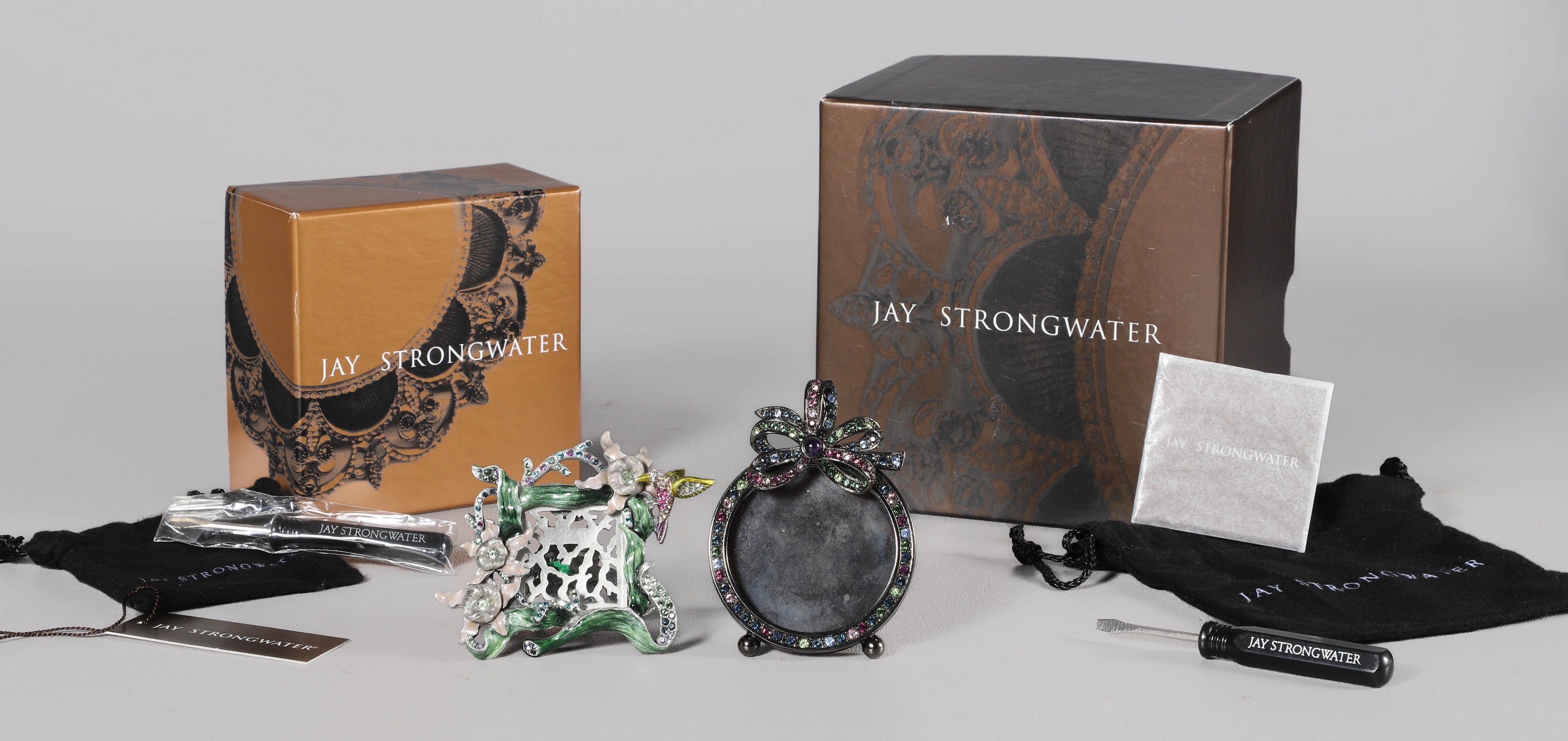 Appraisal: Jay Strongwater miniature photo frames metal foundation with crystal enamel