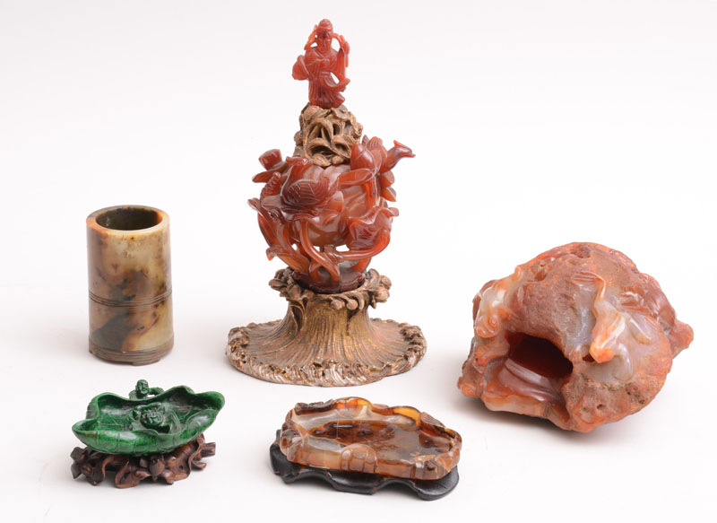 Appraisal: GROUP OF FIVE CHINESE CARVED HARDSTONE ARTICLES Comprising an agate