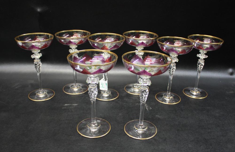 Appraisal: SET OF EIGHT VENETIAN GLASS CHAMPAGNES with hand painted floral