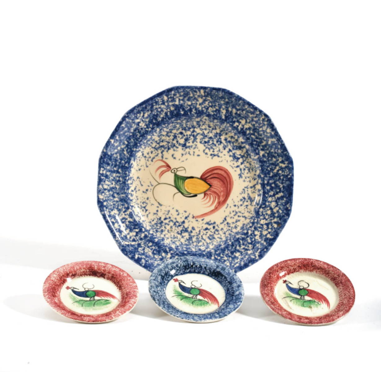 Appraisal: FOUR STAFFORDSHIRE SPATTERWARE quot PEAFOWL quot PATTERN WARES Comprising a