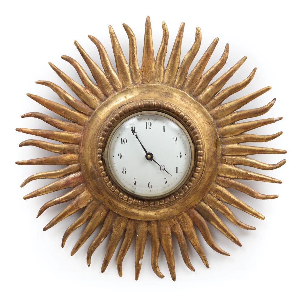 Appraisal: French Giltwood Sunburst Wall Clock with modern movement dia in