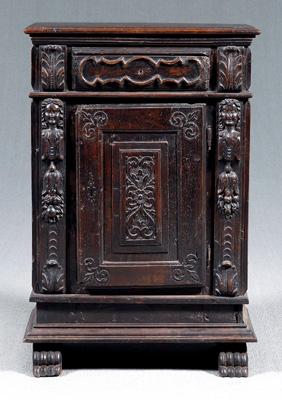 Appraisal: Italian Baroque carved walnut cabinet hinged top and wrought iron