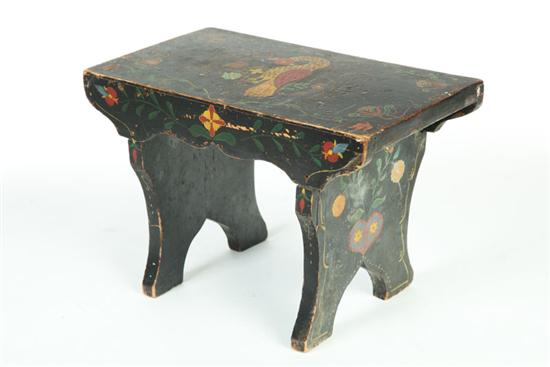 Appraisal: DECORATED STOOL Nineteenth century pine Scroll-cut skirts and ends and