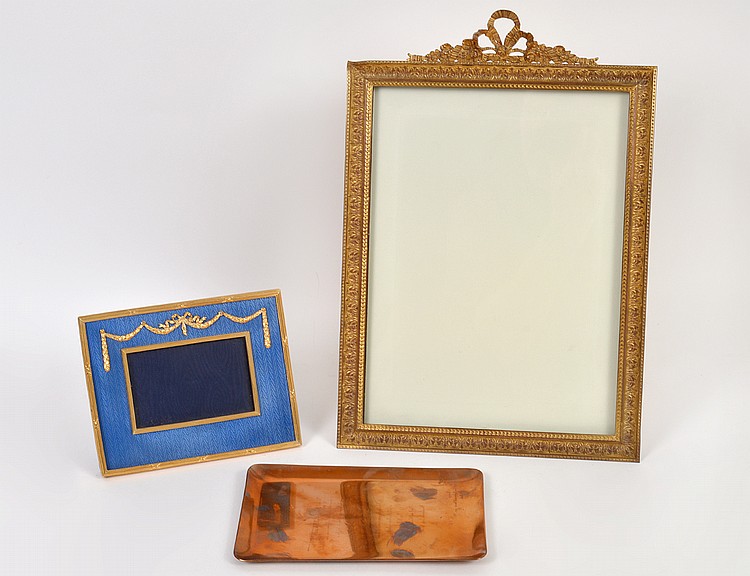 Appraisal: TWO GILT METAL PICTURE FRAMES CARTIER METAL DESK TRAY th