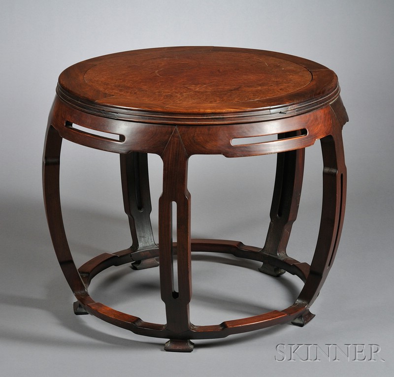 Appraisal: Barrel-shaped Table China th century rosewood inset with a burlwood