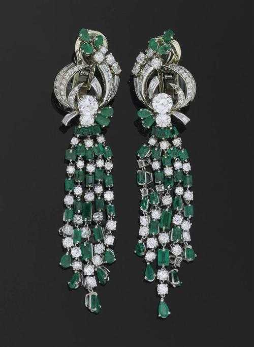 Appraisal: EMERALD AND DIAMOND PENDANT EARRINGS TABBAH ca Platinum Elegant clip