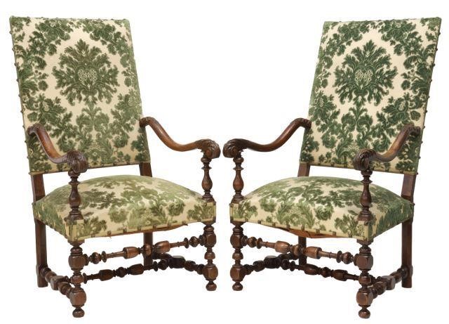 Appraisal: pair French Louis XIII style walnut armchairs th c damask