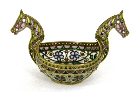 Appraisal: Marius Hammer plique-a-jour kvosh form bowl with horse heads marked