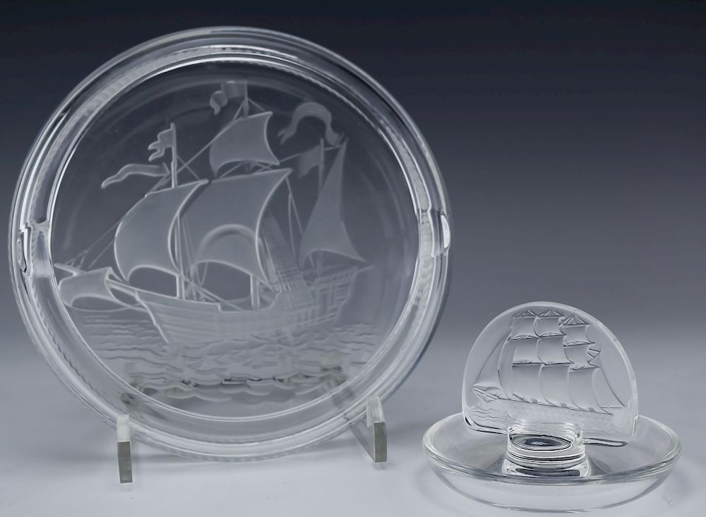 Appraisal: Lalique LOT Crystal Sailboat Ship Pin Ash Tray Lalique ashtray