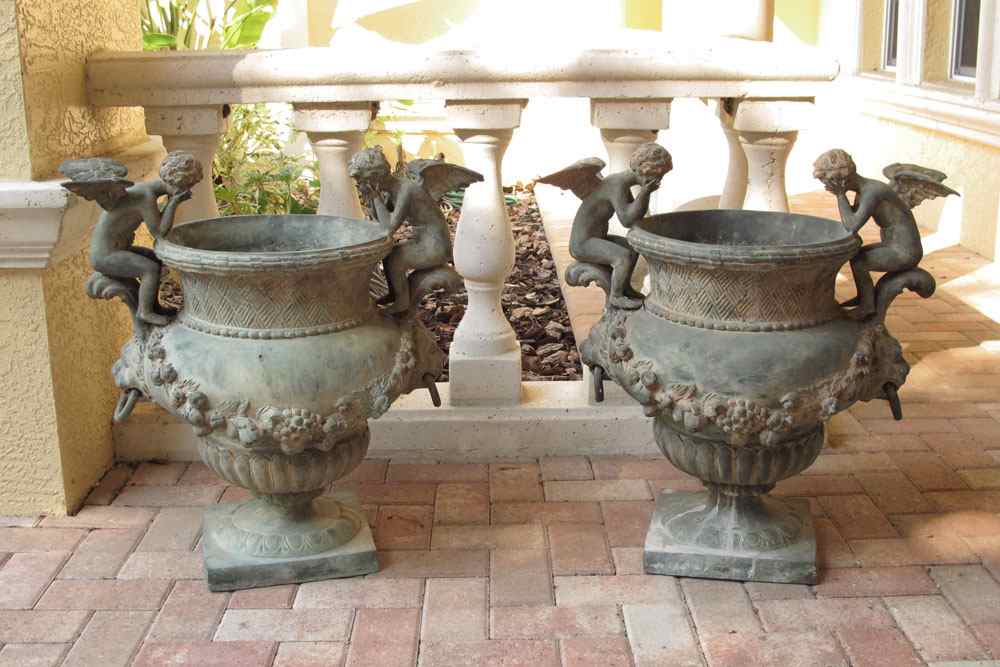 Appraisal: PAIR OF CONTEMPORARY BRONZE CHERUBIC GARDEN URNS '' h x