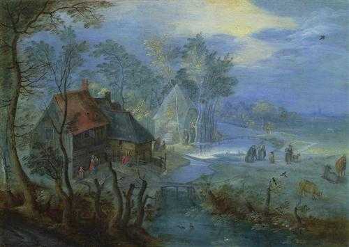 Appraisal: BRUEGHEL JAN the younger Antwerp Peasant houses at a stream