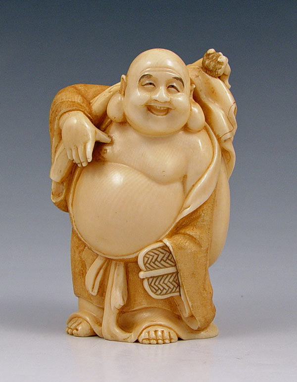 Appraisal: CARVED IVORY FIGURE OF A HO TAI BUDDHA Signed Holding