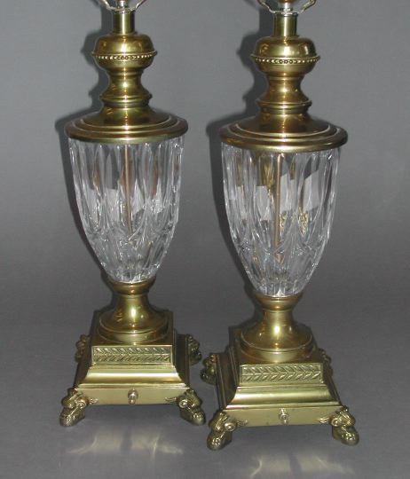 Appraisal: Pair of Brass-Mounted Pressed-Cut Glass Vasiform Table Lamps in the