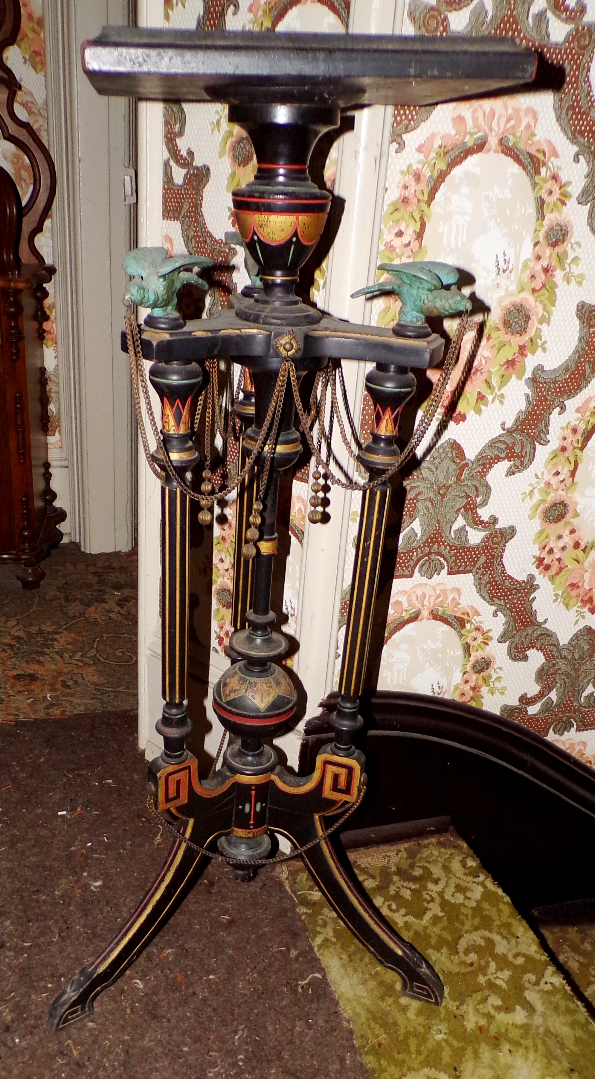 Appraisal: Victorian black lacquer fern stand incised column support ornamented with