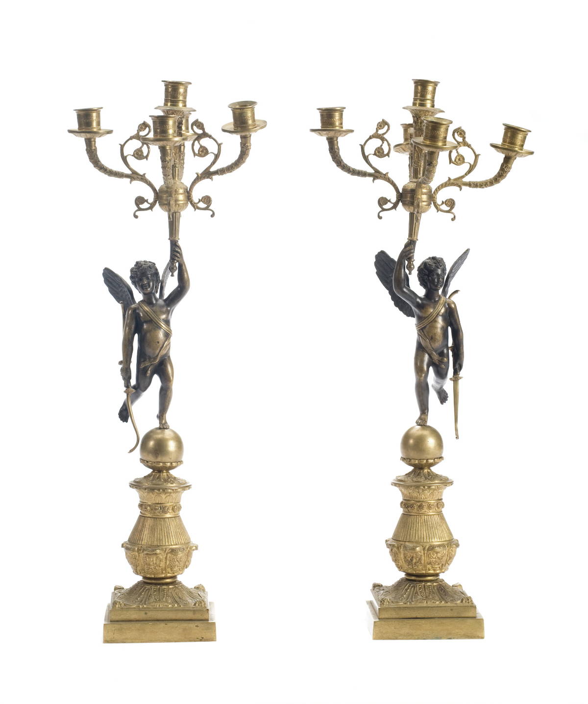 Appraisal: PAIR OF FRENCH EMPIRE GILT-METAL FIVE-LIGHT CANDELABRA Each standard cast