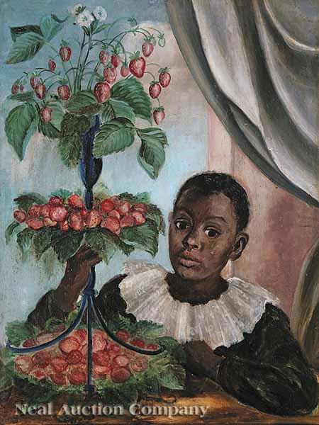 Appraisal: American School th c Child with Strawberries oil on masonite