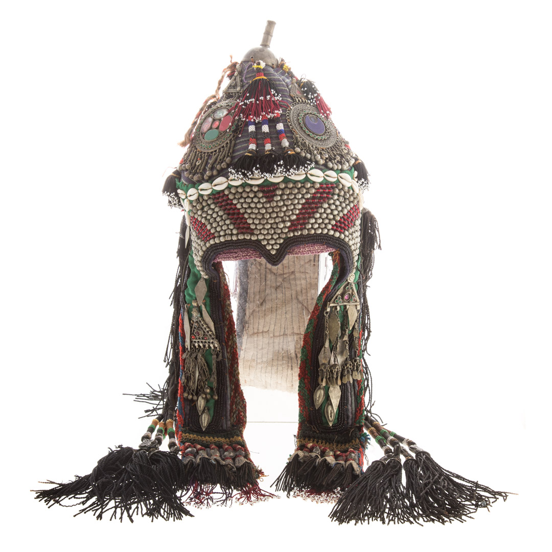 Appraisal: Tribal cloth bead and applied object headdress elaborate headdress with