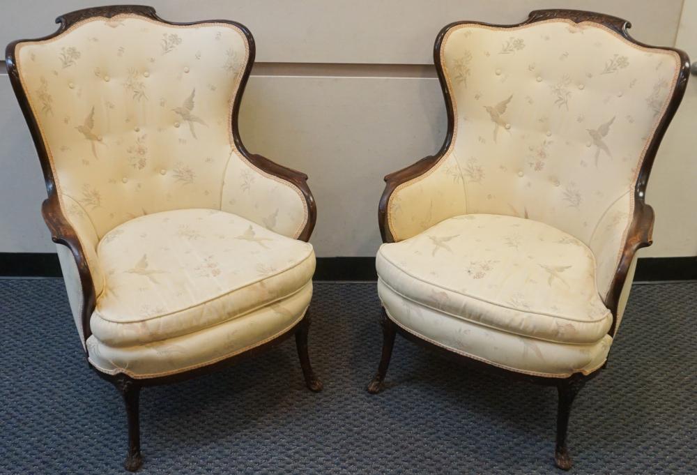 Appraisal: Pair of Provincial Style Mahogany Upholstered Wing Back Lounge Chairs