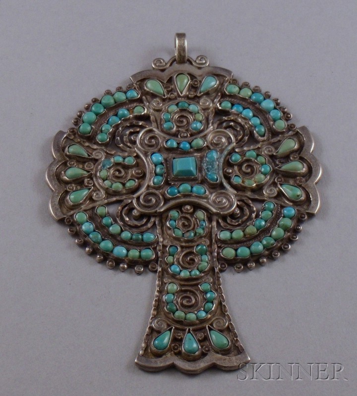 Appraisal: Vintage Mexican Silver and Turquoise Cross Pendant attributed to Matl