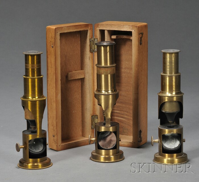 Appraisal: Three Lacquered Brass Student Microscopes likely England late th century