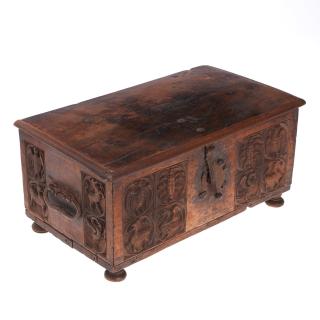 Appraisal: Early Continental carved walnut table top casket Early Continental carved