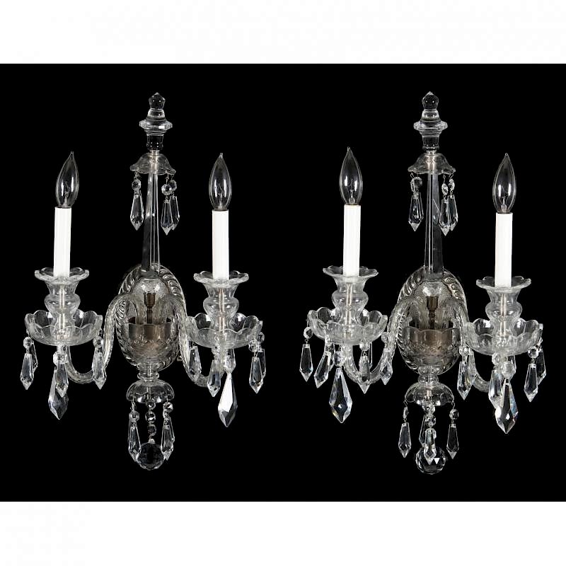 Appraisal: Pair of Vintage Crystal Double Light Wall Sconces oval silvered