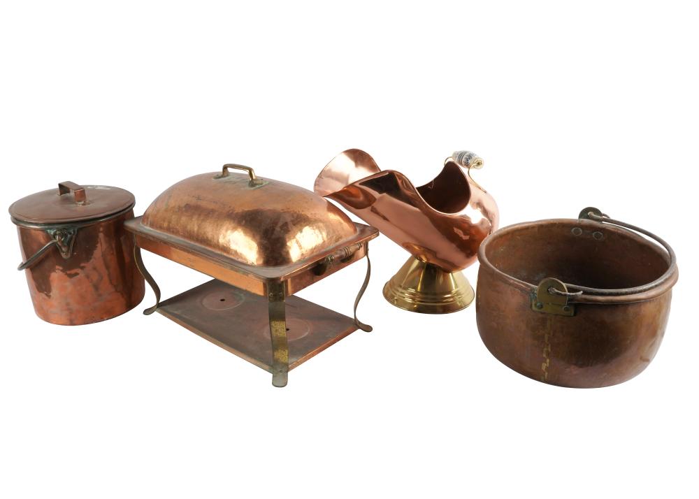 Appraisal: COLLECTION OF COPPERWAREnone marked comprising a chafing dish stand with